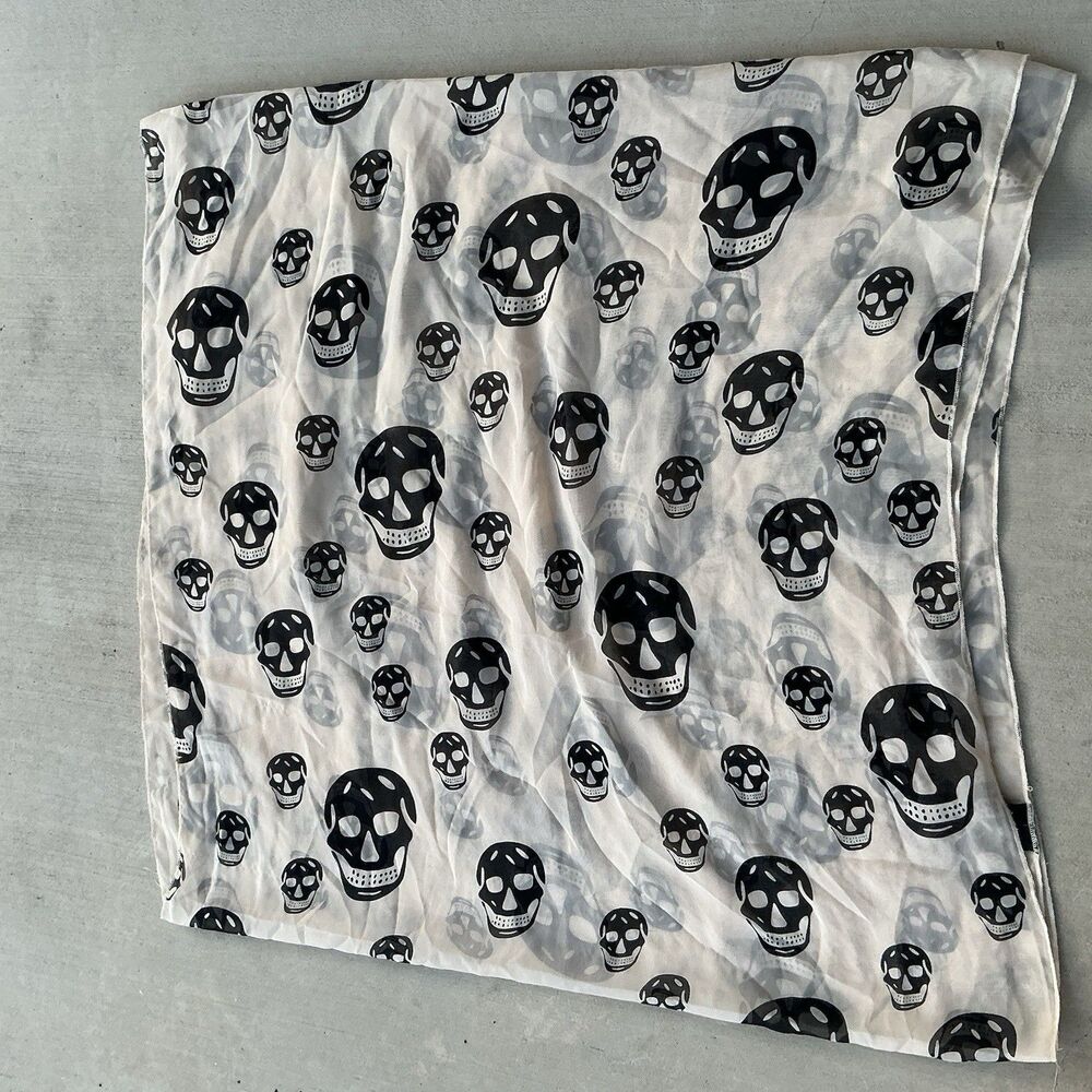 Honey Punch Skull Scarf Black White Sheer Extra Long 110” Gothic Punk
